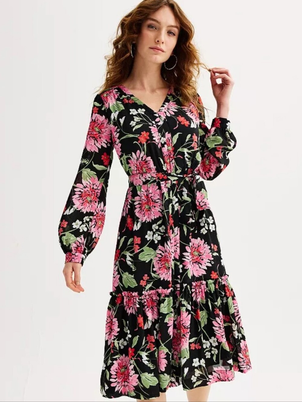 Draper James RSVP Long Sleeve Tiered Midi Dress Belted Tie Floral Pink Black M